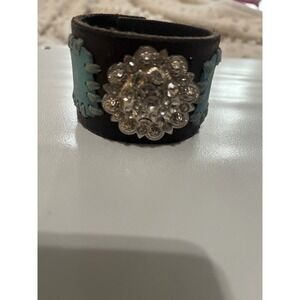 Brown Leather Cuff Bracelet Rhinestone Turquoise Accent Western Boho‎ Womens